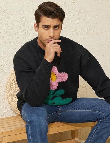 Yimoon Men's Cow Graphic Sweaters Oversize Cable Knitted Pullover Jumper in Saudi Arabia