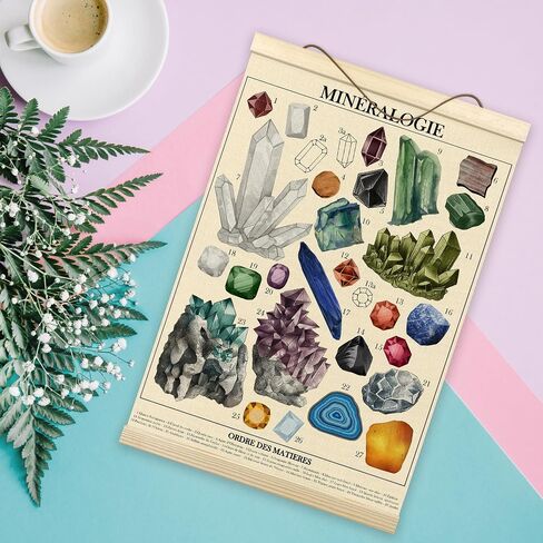 Tzhim Crystals Chart Poster Hanger Frame, Gem Stones Wall Hanging Decor for Living Room Office Classroom Bedroom, Educational Posters, Geology Minerals Wall Art Prints with Wood Frames, 12x16in in Saudi Arabia