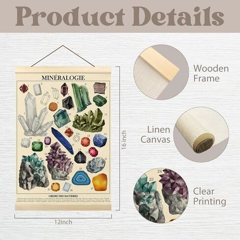 Tzhim Crystals Chart Poster Hanger Frame, Gem Stones Wall Hanging Decor for Living Room Office Classroom Bedroom, Educational Posters, Geology Minerals Wall Art Prints with Wood Frames, 12x16in in Saudi Arabia