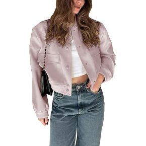 Megfie Womens Cropped Bomber Jacket Button Down Varsity Jackets Shackets With Pockets