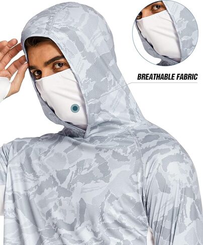 قميص رجالي للحماية من أشعة الشمس بعامل حماية من أشعة الشمس 50+ مع قناع تبريد بقلنسوة سريع الجفاف بعامل حماية من الشمس SPF مموه وأكمام طويلة للمشي لمسافات طويلة in Kuwait