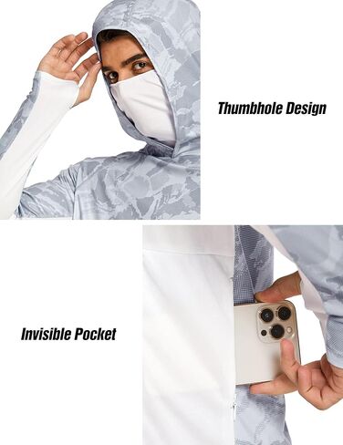 قميص رجالي للحماية من أشعة الشمس بعامل حماية من أشعة الشمس 50+ مع قناع تبريد بقلنسوة سريع الجفاف بعامل حماية من الشمس SPF مموه وأكمام طويلة للمشي لمسافات طويلة in Kuwait