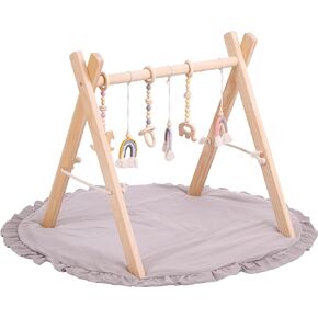 Baby Play Gym with Mat, Baby Play Mat Activity Center Gym Wooden,Play Gym Toys for Hands-On and Visual Development, Cute Design with Mat