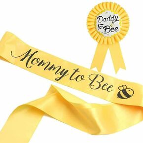 NEWHAPPYLAND Baby Shower Party Gender Reveal Yellow Sash for Mom to Bee & Dad to Bee Pin Tinplate Badge Button New Dad Party Gifts Welcome Baby Sash for Baby Shower Decorations
