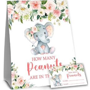 Pink Elephant Guess How Many Peanuts Baby Shower Game, 50 Cards and Matching Standing Sign, Girl Elephant Baby Shower Guessing Game