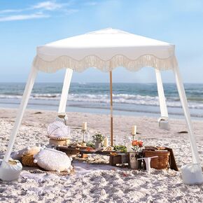 AMMSUN Beach Cabana with Fringe, 6'×6' Bobo Beach Canopy with Tassels, Easy Set up & Premium Wood Pole, Cool Cabana with Sand Pockets, Instant Sun Shelter for Beach Patio Garden Outdoor, Pink Stripe