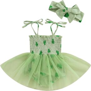 Infant Baby Girl St Patricks Day Outfit - Sleeveless Trefoil Romper Dress Green Clover St Patricks Dresses