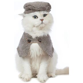 Cat Halloween Costume Cute Plaid Pet Clothes with Classic Hat Kitten Cosplay Shirts Cope for Cats Outfits (L)