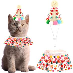 Andibro Cat Puppy Princess Costumes, Kitten Small Dog Birthday Bandana Scarf and Party Hat Cute Lace Bandana Bib Scarf Crown Hat Pet Birthday Party Decorations Set Colorful Dots Cat Accessories
