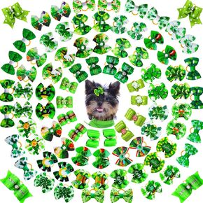 Mruq pet 80pcs St.Patrick's Day Dog Bows, Holiday Pet Dog Hair Grooming Bows with Rubber Bands, St.Patrick's Day Green Lucky Clover Element Dog Hair Bows for Dog Puppy Yorkie Hair Accessories