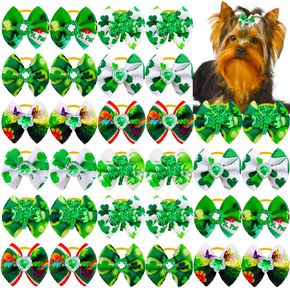 Masue Pets Dog Hair Bows for St. Patrick' s Day 20pcs/10 Piars Dog Rhinestone Bows Lucky Green Clovers Puppy Dog Bows Dog Grooming Accessories