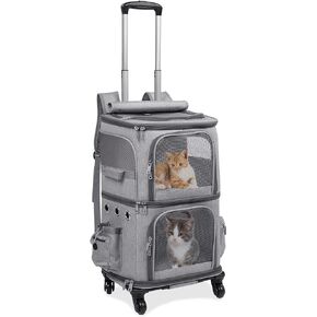 HOVONO Double-Compartment Pet Carrier Backpack with Wheels for Small Cats and Dogs, Cat Rolling Carrier for 2 Cats, Perfect for Traveling/Taking a Walk/Trips to The Vet, Black