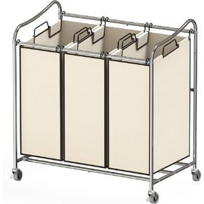SimpleHouseware Heavy Duty 3-Bag Laundry Sorter Rolling Cart, Silver/Assorted Bags