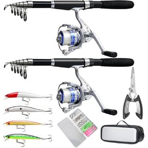 Fishing Pole Combo Set,2PCS Collapsible Rods 2PCS Spinning Reels Mono Fishing line Come Setup Already！Including 4PCS Minnow, Fishing Plier， ministoream