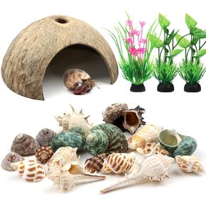Hermit Crab Shells Natural Coconut Shell Hut Artificial Plants, 22 PCS Hermit Crab Supplies Seashells for House Hermit Crab Tank Habitat
