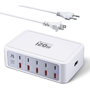 USB C Multiport Charger, 120W GaN 10 Port USB and USB C Charging Station for Multiple Devices with PD3.0 and QC3.0 Fast Charging for iPhone 15/14/13/12, iPad Air/Pro, Galaxy (White)