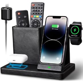 KINGFOM Wireless Charging Station, PU Leather 4 in 1 Use Wireless Charger Stand for iPhone 15 14 13 12 11Pro Max XR XS 8 Plus, for Apple Watch & AirPods with Desk Organizer Black (Black)