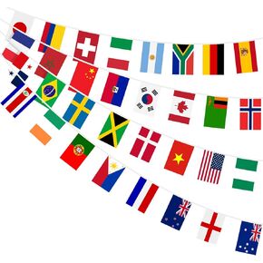 AhfuLife World String Flags Banner, 32 Countries Flags of The World - Double Sides Fabric Bunting for Olympics Party Decorations, Soccer Bar Club Garden Decorations (5.51 x 8.26 in, 1 Pack) in Kuwait