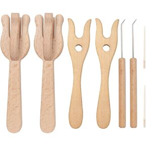 Knitting Fork and Needle Kit, Lucet Fork Crochet, 8Pcs Wooden Knitting Fork Big Eye Needle Portable Knitting Fork Set DIY Weaving Tools for Bracelet Necklace Braided Tools