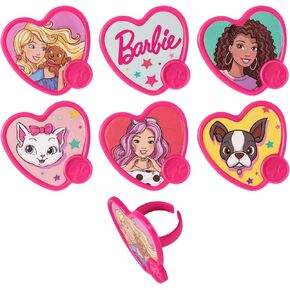 DecoPac Barbie Be The Future Rings, Pink Heart Shaped Cupcake Decorations Featuring Barbie and her Friends For Birthday Party And Celebrations - 24 Pack