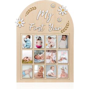 NQEUEPN My First Year Picture Frame, 3D Daisy Flower Baby's First Year Photo Display 12 Months Wood Board Monthly Photo Banner Gift for Newborn Baby 1st Birthday Memories Nursery Decoration