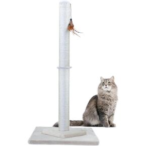 34" Tall Cat Scratching Post Double Base and Reinforcement Design,Sisal Scratch Posts Trees with Feather Toys for Indoor Cats(Gray)
