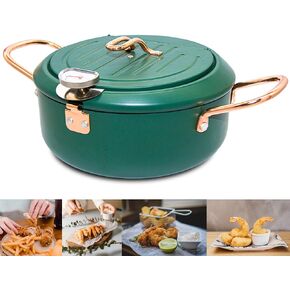 Cyrder Deep Fryer Pot, 4.3L/11 Inch Japanese Tempura Frying Pot with Fahrenheit Thermometer, Nonstick Carbon Steel Oil Fryer, for Tempura/Frech/Fish/Chicken Fries, Easy Clean, Black