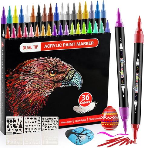 YKSLEMON Acrylic Paint Pens,Dual Tip 36 Colors Superior Acrylic Paint Markers for Rock Painting,Canvas,Glass,Wood,Ceramic,Plastic,Metal DIY Craft in Kuwait