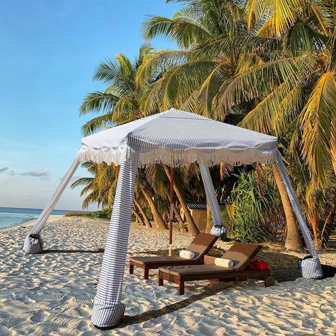 AMMSUN Beach Cabana مع هامش، مظلة شاطئ بوبو مقاس 6 × 6 بوصة مع شرابات، سهلة الإعداد وعمود خشبي فاخر، كابانا رائعة مع جيوب رملية، مأوى فوري للشمس لحديقة فناء الشاطئ في الهواء الطلق، شريط وردي in Kuwait