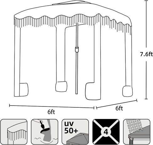 AMMSUN Beach Cabana مع هامش، مظلة شاطئ بوبو مقاس 6 × 6 بوصة مع شرابات، سهلة الإعداد وعمود خشبي فاخر، كابانا رائعة مع جيوب رملية، مأوى فوري للشمس لحديقة فناء الشاطئ في الهواء الطلق، شريط وردي in Kuwait