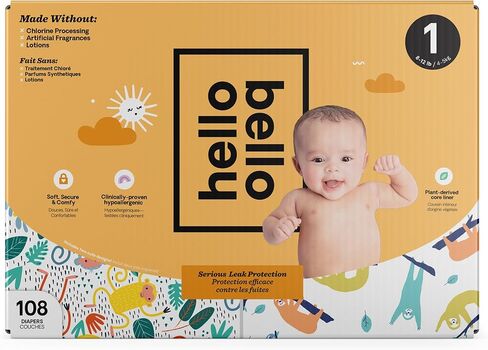 حفاضات Hello Bello، مقاس 1 (8-12 رطلاً) - 108 حفاضة أطفال فاخرة للاستعمال مرة واحدة بتصميمات حيوانات الغابات والكوالا للأطفال - مضادة للحساسية مع ملمس ناعم يشبه القماش in Saudi Arabia