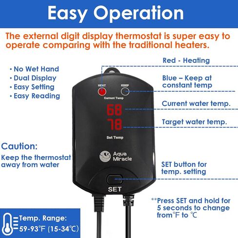 AquaMiracle Aquarium Heater Fish Tank Heater 200W with Dry-Run/Overheating Protection and Memory Function, External Thermostat with LED Digital Display, for Tanks 20-40 Gallons in Kuwait