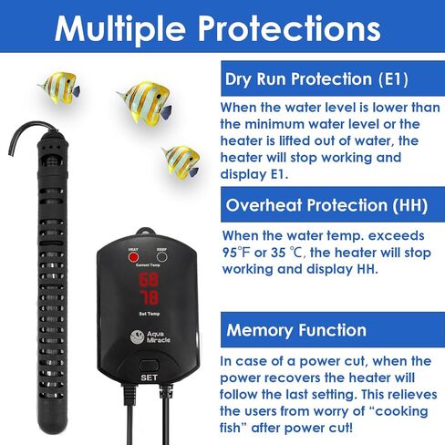 AquaMiracle Aquarium Heater Fish Tank Heater 200W with Dry-Run/Overheating Protection and Memory Function, External Thermostat with LED Digital Display, for Tanks 20-40 Gallons in Kuwait