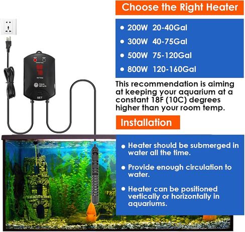 AquaMiracle Aquarium Heater Fish Tank Heater 200W with Dry-Run/Overheating Protection and Memory Function, External Thermostat with LED Digital Display, for Tanks 20-40 Gallons in Kuwait