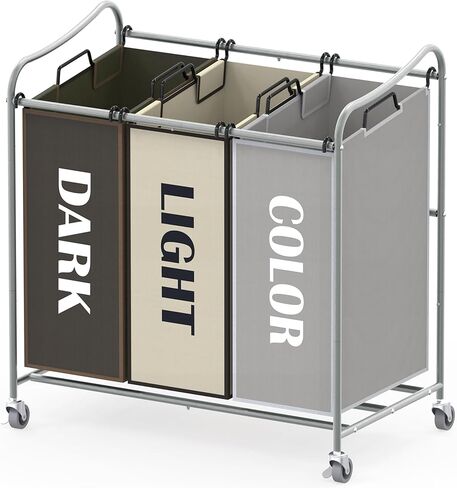 SimpleHouseware Heavy Duty 3-Bag Laundry Sorter Rolling Cart, Silver/Assorted Bags in Kuwait