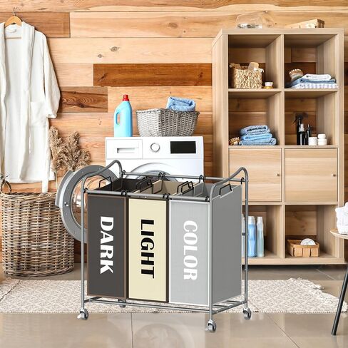 SimpleHouseware Heavy Duty 3-Bag Laundry Sorter Rolling Cart, Silver/Assorted Bags in Kuwait
