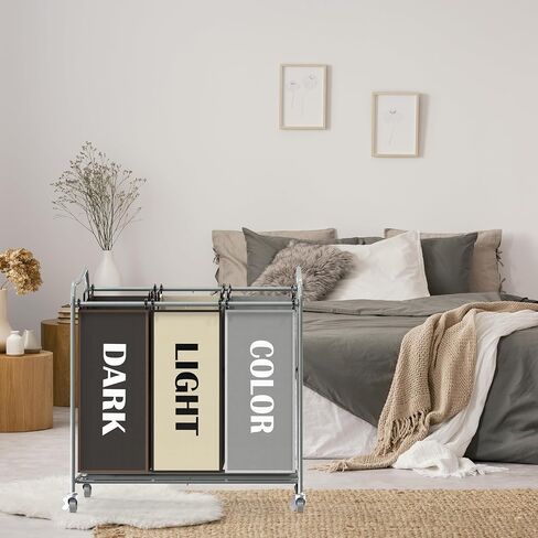 SimpleHouseware Heavy Duty 3-Bag Laundry Sorter Rolling Cart, Silver/Assorted Bags in Kuwait