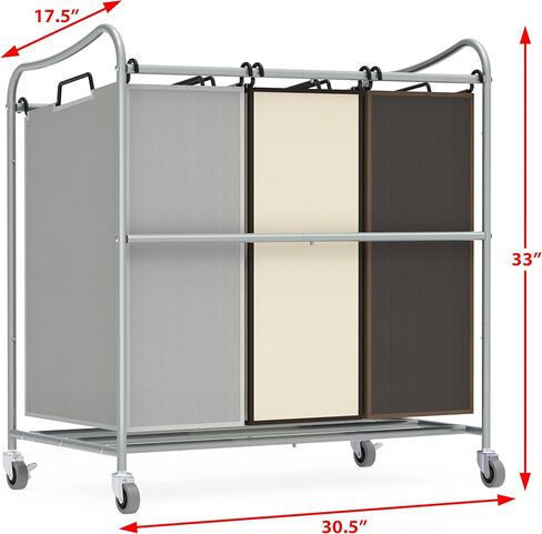SimpleHouseware Heavy Duty 3-Bag Laundry Sorter Rolling Cart, Silver/Assorted Bags in Kuwait