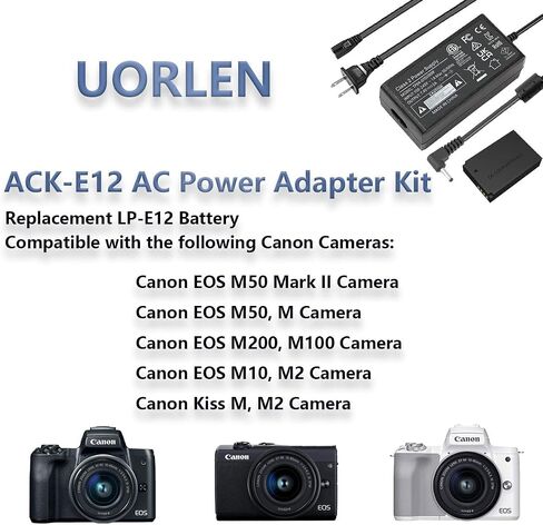 UORLEN ACK-E12 محول طاقة التيار المتردد LP-E12 M50 طقم بطارية الدمية لكاميرات Canon EOS M50 Mark II M200 M100 M10 M2 M، Kiss M M2. in Kuwait
