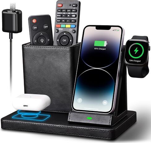 قاعدة شحن لاسلكية من KINGFOM، مصنوعة من جلد البولي يوريثان 4 في 1 تستخدم حامل شاحن لاسلكي لهاتف iPhone 15 14 13 12 11Pro Max XR XS 8 Plus، لساعة Apple وAirPods مع منظم مكتب أسود (أسود) in Kuwait