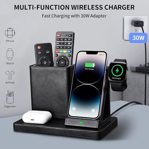 قاعدة شحن لاسلكية من KINGFOM، مصنوعة من جلد البولي يوريثان 4 في 1 تستخدم حامل شاحن لاسلكي لهاتف iPhone 15 14 13 12 11Pro Max XR XS 8 Plus، لساعة Apple وAirPods مع منظم مكتب أسود (أسود) in Kuwait