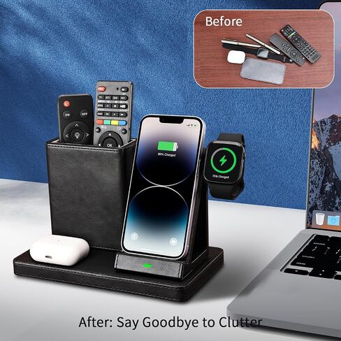 قاعدة شحن لاسلكية من KINGFOM، مصنوعة من جلد البولي يوريثان 4 في 1 تستخدم حامل شاحن لاسلكي لهاتف iPhone 15 14 13 12 11Pro Max XR XS 8 Plus، لساعة Apple وAirPods مع منظم مكتب أسود (أسود) in Kuwait