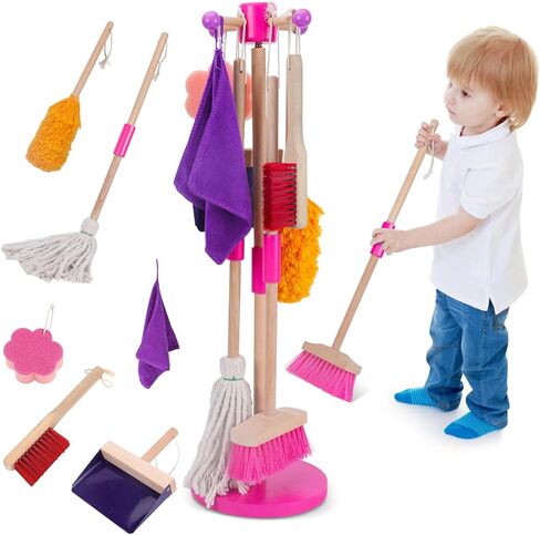 Gadhra Kids Cleaning Set, 8Pcs Wooden Toy Cleaning Set Includes Broom, Dustpan, Brush, Mop, Duster, Sponge, Rag and Hanging Stand, Pretend Play Children House Cleaning Toys for Toddlers in Kuwait