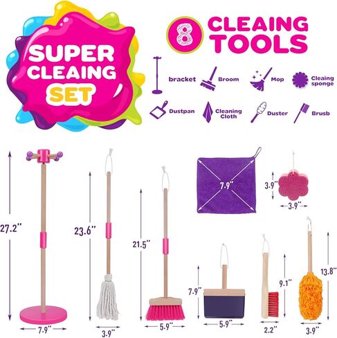 Gadhra Kids Cleaning Set, 8Pcs Wooden Toy Cleaning Set Includes Broom, Dustpan, Brush, Mop, Duster, Sponge, Rag and Hanging Stand, Pretend Play Children House Cleaning Toys for Toddlers in Kuwait