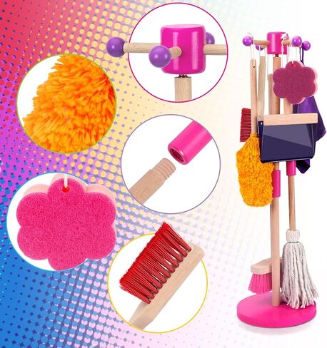 Gadhra Kids Cleaning Set, 8Pcs Wooden Toy Cleaning Set Includes Broom, Dustpan, Brush, Mop, Duster, Sponge, Rag and Hanging Stand, Pretend Play Children House Cleaning Toys for Toddlers in Kuwait