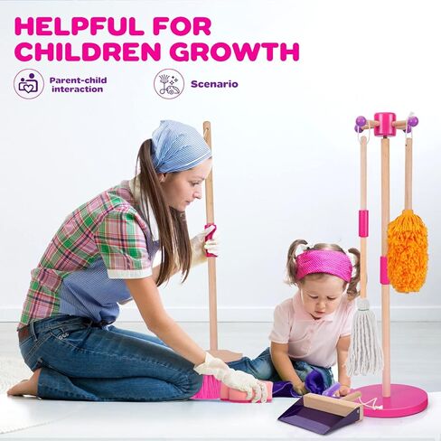 Gadhra Kids Cleaning Set, 8Pcs Wooden Toy Cleaning Set Includes Broom, Dustpan, Brush, Mop, Duster, Sponge, Rag and Hanging Stand, Pretend Play Children House Cleaning Toys for Toddlers in Kuwait