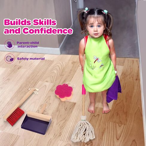 Gadhra Kids Cleaning Set, 8Pcs Wooden Toy Cleaning Set Includes Broom, Dustpan, Brush, Mop, Duster, Sponge, Rag and Hanging Stand, Pretend Play Children House Cleaning Toys for Toddlers in Kuwait