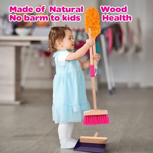 Gadhra Kids Cleaning Set, 8Pcs Wooden Toy Cleaning Set Includes Broom, Dustpan, Brush, Mop, Duster, Sponge, Rag and Hanging Stand, Pretend Play Children House Cleaning Toys for Toddlers in Kuwait