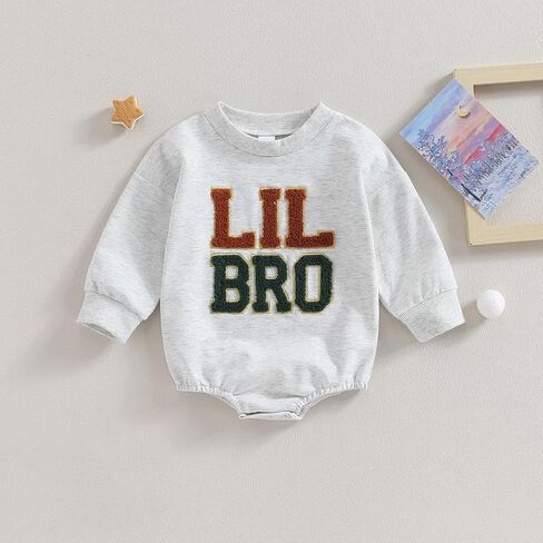 allshope Newborn Baby Boy Fall Outfit Romper Lil Bro Embroidery Long Sleeve Jumpsuit Bodysuit Infant Winter Clothes in Kuwait