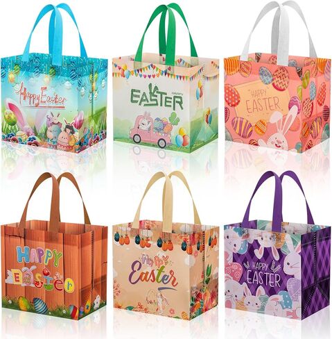 6 عبوات من حقائب هدايا عيد الفصح السعيدة بمقابض - حقيبة صيد بيض عيد الفصح قابلة لإعادة الاستخدام، حقائب هدايا عيد الفصح غير المنسوجة متعددة الوظائف لتغليف هدايا عيد الفصح، هدايا ومستلزمات الحفلات، 8.3 × 8 × 5.9 بوصة in Kuwait